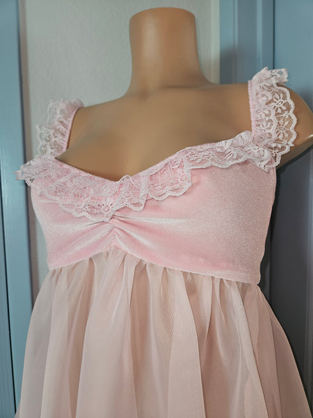 BABYDOLL in Pink Velvet with Lace Size MED