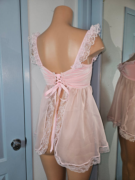 BABYDOLL in Pink Velvet with Lace Size MED