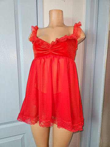 BABYDOLL in RED Velvet with Lace Size MED